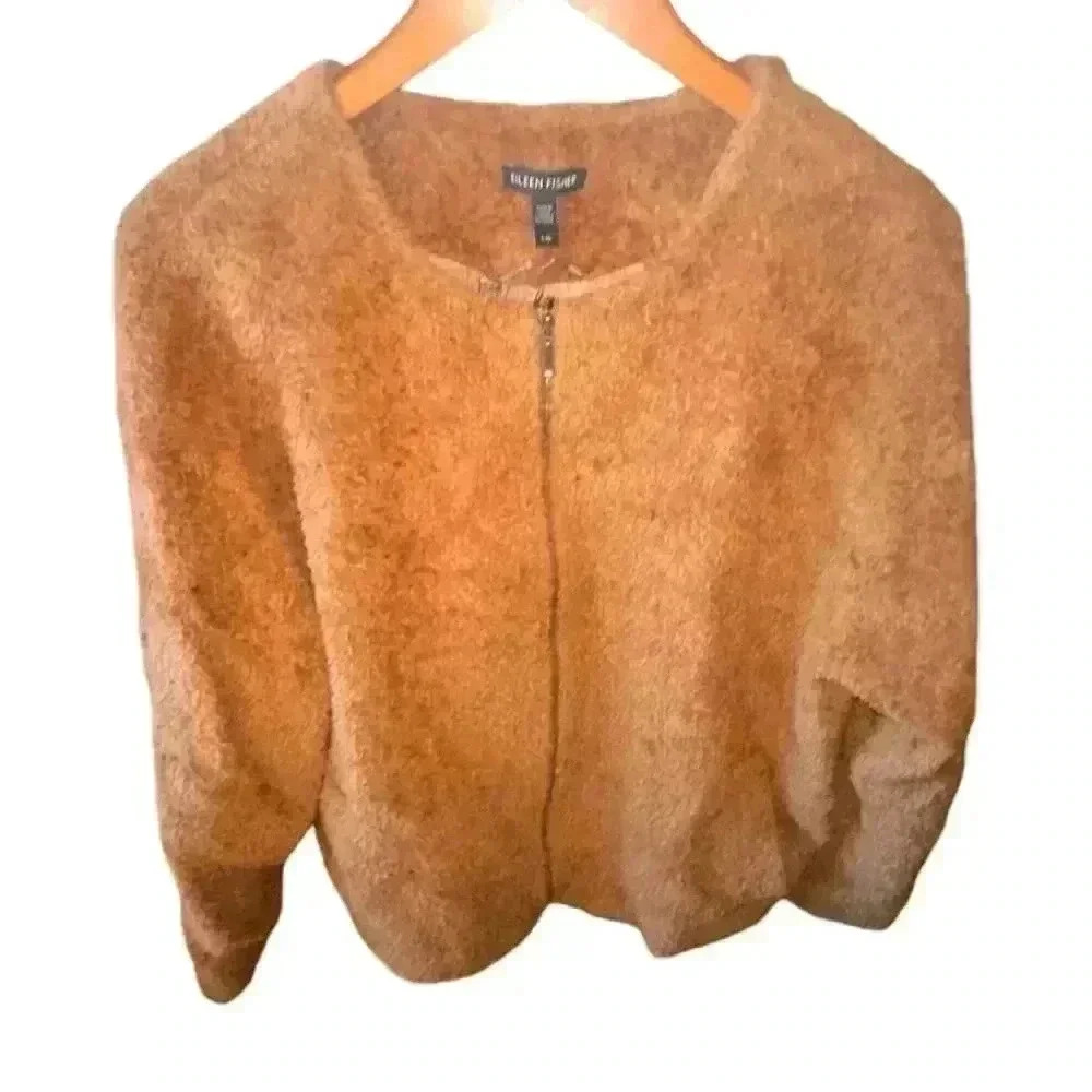 Eileen Fisher size large Carmel brown short wool & alpaca teddy bear jacket.